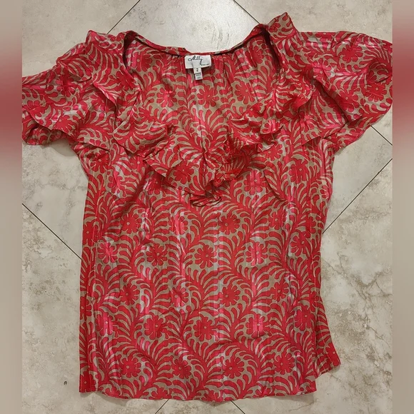 NWOT Milly Coral Red & Tan Leafy Abstract Floral Ruffle Blouse Silk Top M - Picture 7 of 10